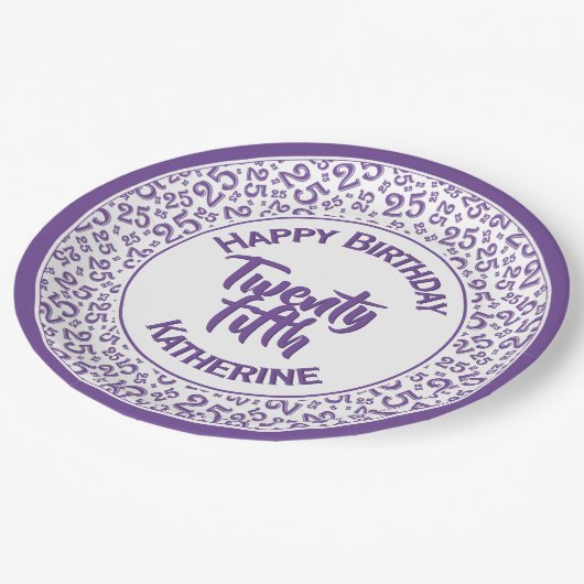 Assiettes En Carton 25e anniversaire Random Number Motif violet/blanc (Angle)