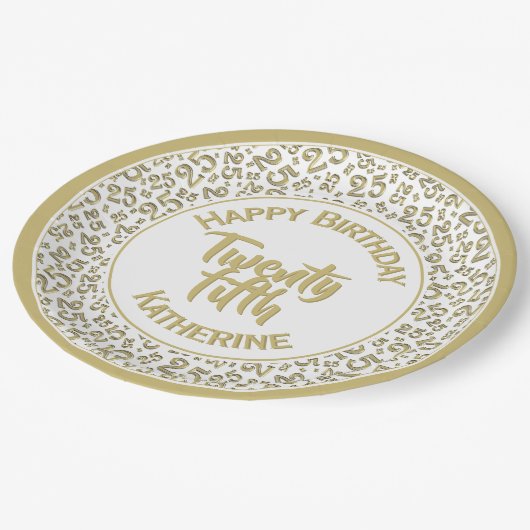 Assiettes En Carton 25e anniversaire Random Numéro Motif 25 Or/Blanc (Angle)
