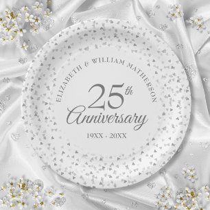 Assiettes En Carton 25e anniversaire Silver Love Hearts Confetti