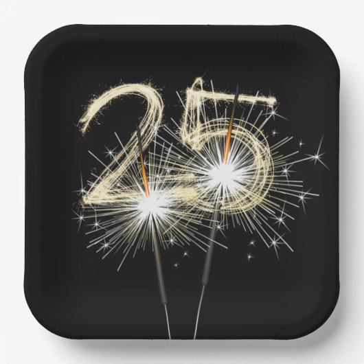 Assiettes En Carton 25e anniversaire Sparklers de fête sur noir (Recto)