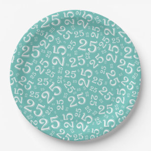 Assiettes En Carton 25e anniversaire Turquoise/blanc Motif de numéro a
