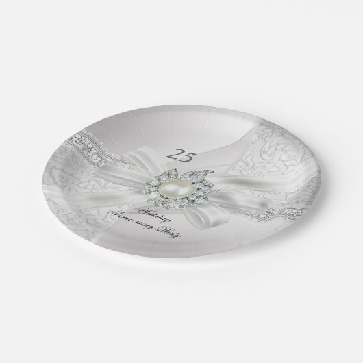 Assiettes En Carton 25e Mariage Parti Pearl White Silver (Angle)