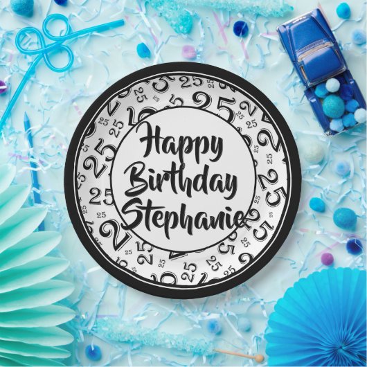 Assiettes En Carton 25e Motif du numéro aléatoire noir/blanc (Fête)