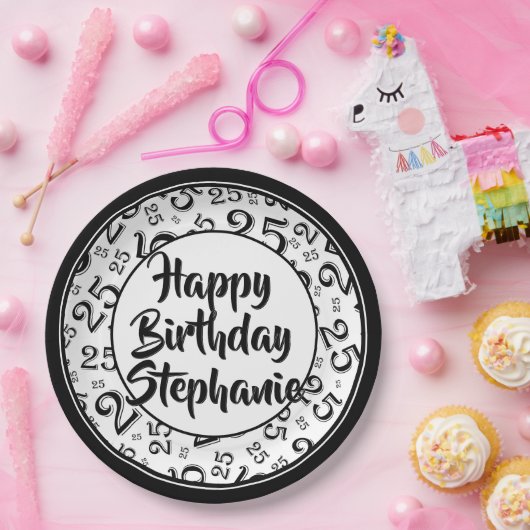 Assiettes En Carton 25e Motif du numéro aléatoire noir/blanc (Fête)