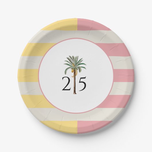 Assiettes En Carton 25th Birthday Palm Beach Tropical Pastel Stripe (Devant)