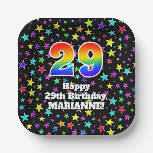 Assiettes En Carton 29e anniversaire : Fun Stars Motif et Rainbow "29" (Recto)
