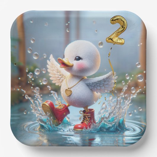 Assiettes En Carton 2e anniversaire Duck Dancing In the Rain Puddle (Recto)