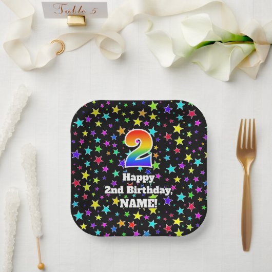 Assiettes En Carton 2e anniversaire : Fun Stars Motif et Rainbow "2" (Mariage)