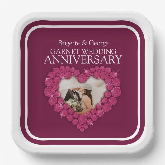 Assiettes En Carton 2e grenat mariage Anniversaire photo coeur rouge (Recto)