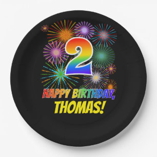 Assiettes En Carton 2ème anniversaire : Fun Motif Fireworks + Rainbow