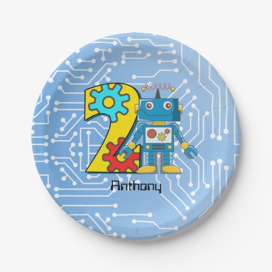 Assiettes En Carton 2ème coutume d'anniversaire de robot (Devant)
