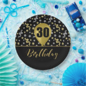 Assiettes En Carton 30 Or Ballon d'anniversaire sur Black Gold Confett (Fête)