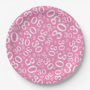 Assiettes En Carton 30e âge Nombre aléatoire Motif blanc/rose