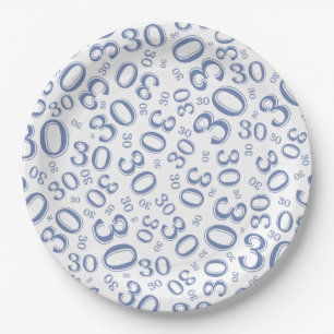 Assiettes En Carton 30e âge Nombre aléatoire Motif bleu/blanc
