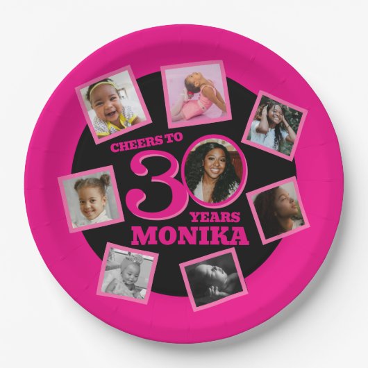 Assiettes En Carton 30e anniversaire 8 photo nom rose noir (Devant)