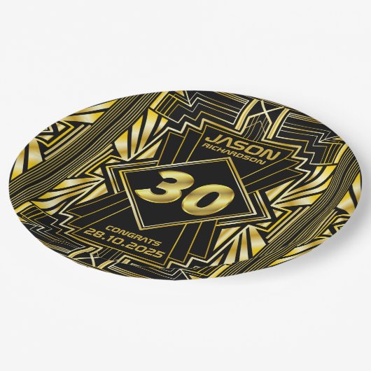 Assiettes En Carton 30e anniversaire Art Déco Gold Black Great Gatsby (Angle)