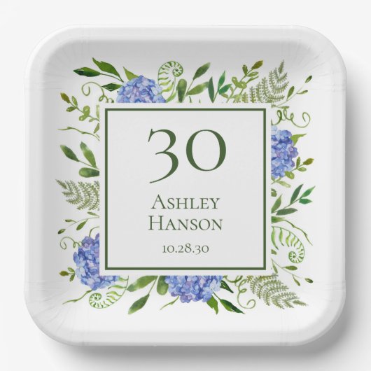 Assiettes En Carton 30e anniversaire Blue Hydrangeas (Recto)