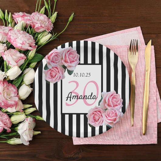 Assiettes En Carton 30e anniversaire florale rose noir rayures blanche