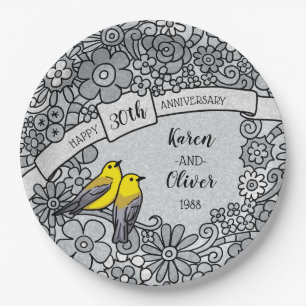 Assiettes En Carton 30e anniversaire personnalisé, oiseaux floraux