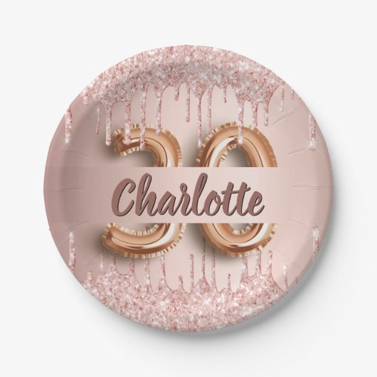 Assiettes En Carton 30e anniversaire rose or parties scintillant nom g (Devant)
