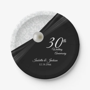 Assiettes En Carton 30e Perle & Black Mariage Anniversaire Design