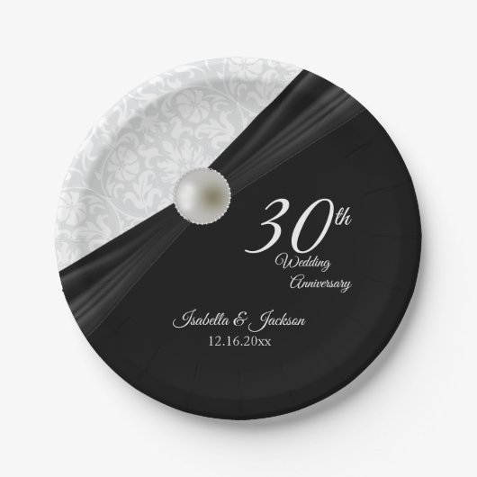 Assiettes En Carton 30e Perle & Black Mariage Anniversaire Design (Devant)