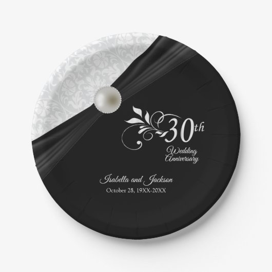 Assiettes En Carton 30e Perle & Black Mariage Anniversaire Design (Devant)