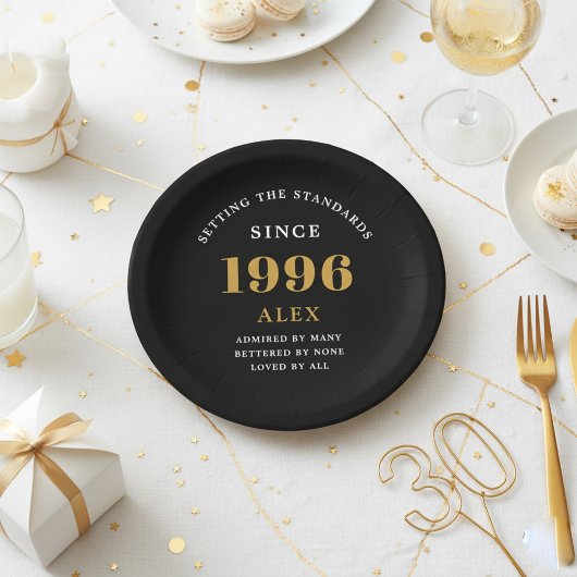 Assiettes En Carton 30th Birthday Name 1996 Black Gold Elegant Chic