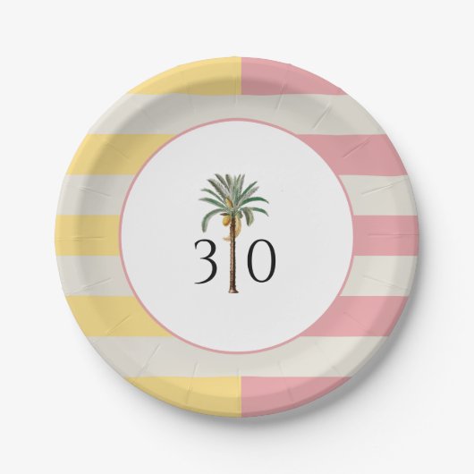 Assiettes En Carton 30th Birthday Palm Beach Tropical Pastel Stripe (Devant)