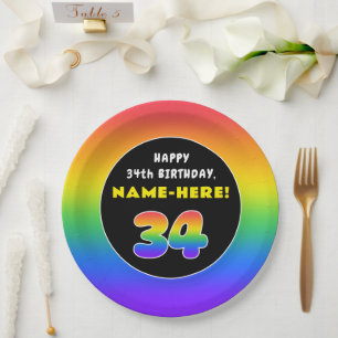 Assiettes En Carton 34e anniversaire : Arc-en-ciel coloré # 34, Nom pe