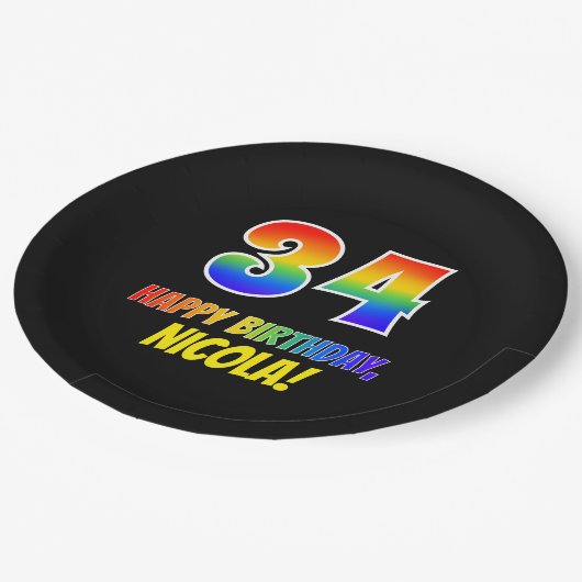 Assiettes En Carton 34e anniversaire : Bold, amusant, simple, arc-en-c (Angle)