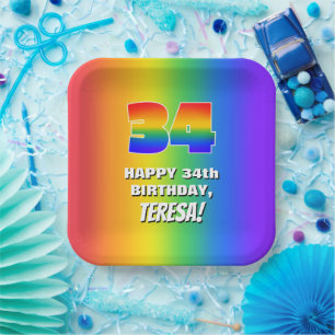 Assiettes En Carton 34e anniversaire : coloré, amusant Motif arc-en-ci