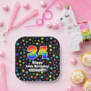 Assiettes En Carton 34e anniversaire : Fun Stars Motif et Rainbow "34"