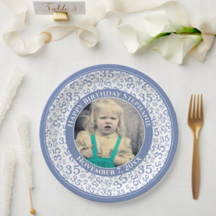 Assiettes En Carton 35 Votre photo Numéro Aléatoire Motif Bleu/Blanc