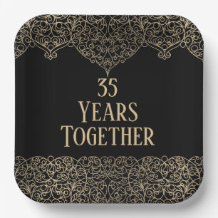 Assiettes En Carton 35e anniversaire de mariage Broderie dorée sur fon