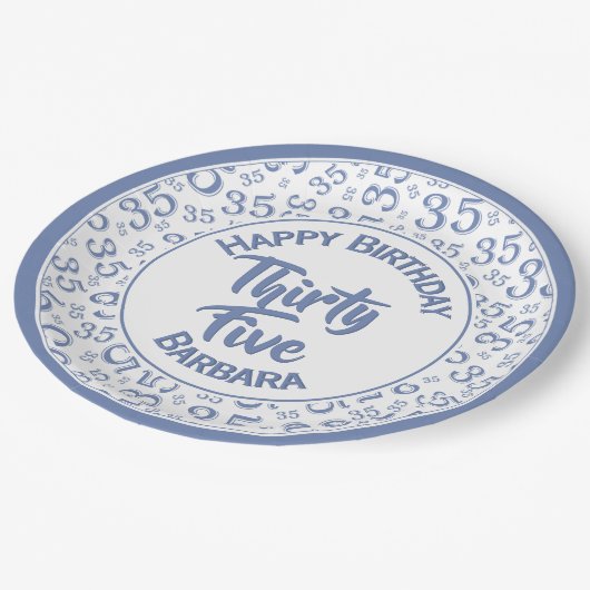 Assiettes En Carton 35e anniversaire Numéro de fête Motif bleu/blanc (Angle)