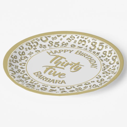 Assiettes En Carton 35e anniversaire Numéro de fête Motif or/blanc (Angle)