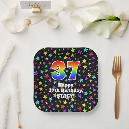 Assiettes En Carton 37e anniversaire : Fun Stars Motif et Rainbow "37" (Mariage)
