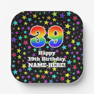 Assiettes En Carton 39e anniversaire : Fun Stars Motif et Rainbow "39"