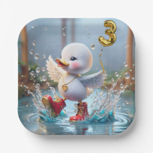 Assiettes En Carton 3e anniversaire Duck Dancing In a Rain Puddle