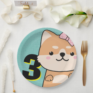 Assiettes En Carton 3ème anniversaire de fête Cute Shiba Inu Puppy Ang