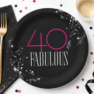 Assiettes En Carton 40 ans et Fabuleux Anniversaire Noir Rose Paillett