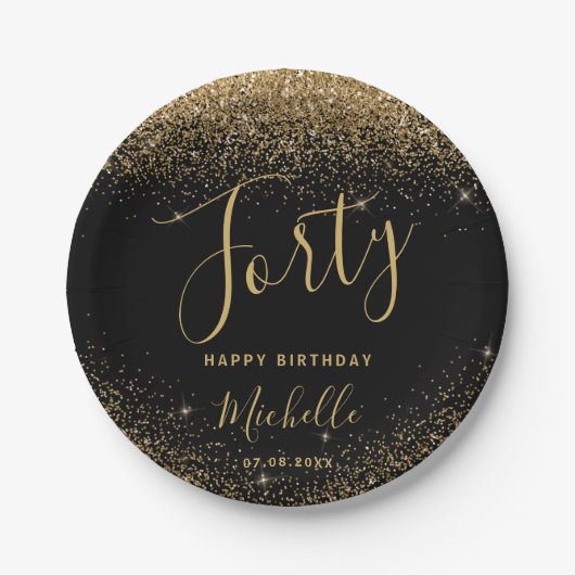 Assiettes En Carton 40e anniversaire Black Gold Parties scintillant No (Devant)