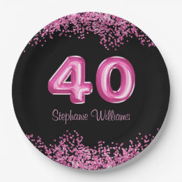 Assiettes En Carton 40e anniversaire Black Pink Balloons Faux Parties 