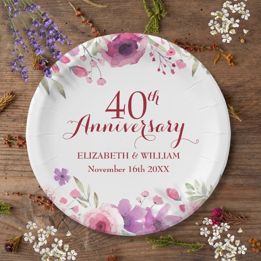 Assiettes En Carton 40e anniversaire de Mariage de Ruby Roses Floral