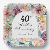Assiettes En Carton 40e anniversaire de Mariage Élégant script floral (Recto)