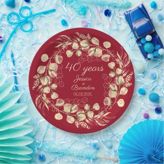 Assiettes En Carton 40e anniversaire du Mariage de rubis rouge Eucalyp (Fête)