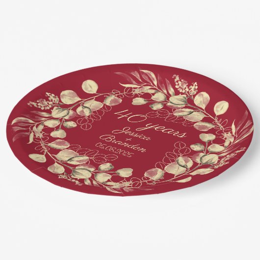 Assiettes En Carton 40e anniversaire du Mariage de rubis rouge Eucalyp (Angle)