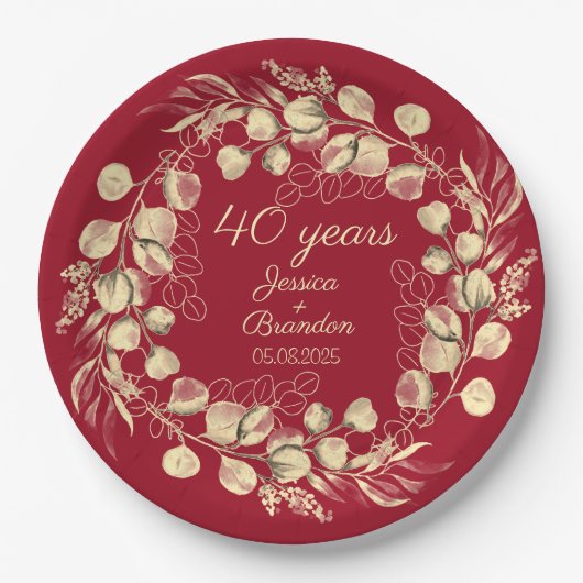 Assiettes En Carton 40e anniversaire du Mariage de rubis rouge Eucalyp (Devant)