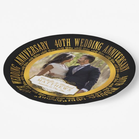 Assiettes En Carton 40e anniversaire du Mariage photo noir | Tonton or (Angle)